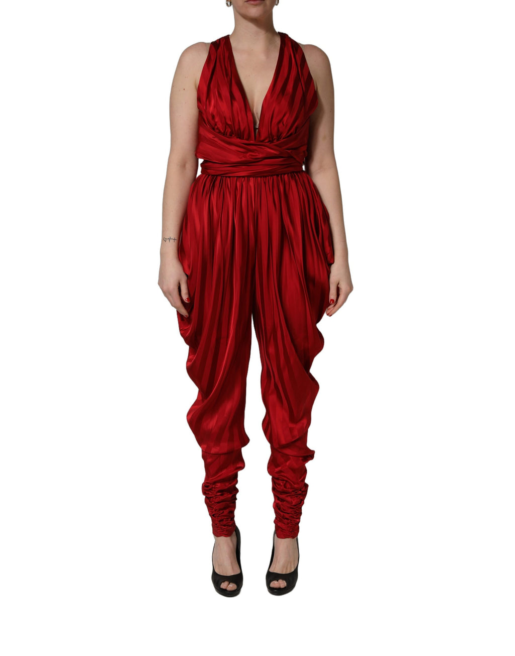 Red Plunging HalterNeck Draped Jumpsuit Dress