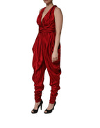 Red Plunging HalterNeck Draped Jumpsuit Dress