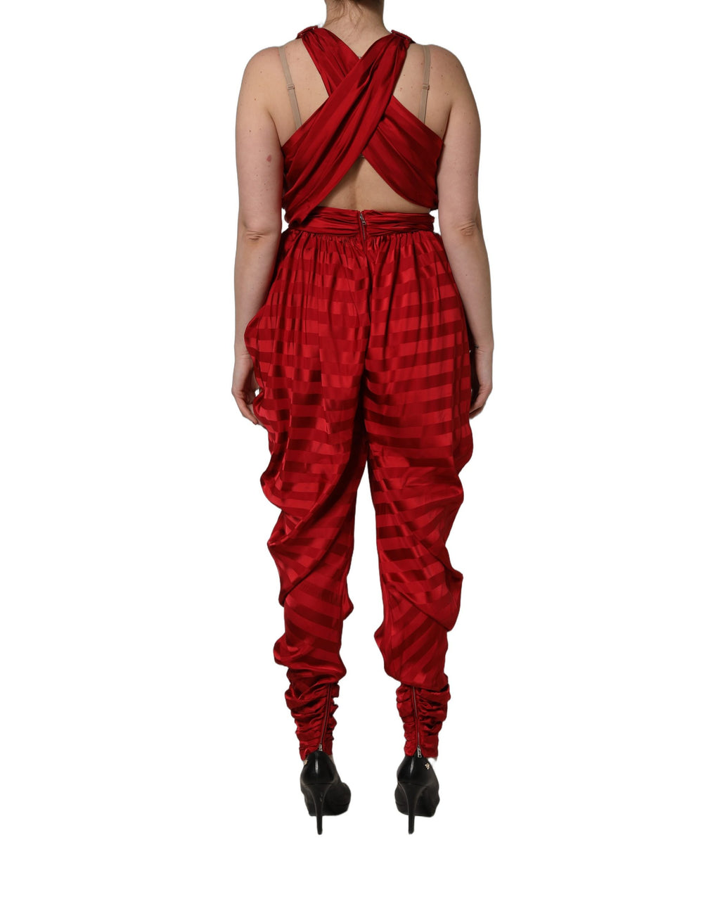 Red Plunging HalterNeck Draped Jumpsuit Dress