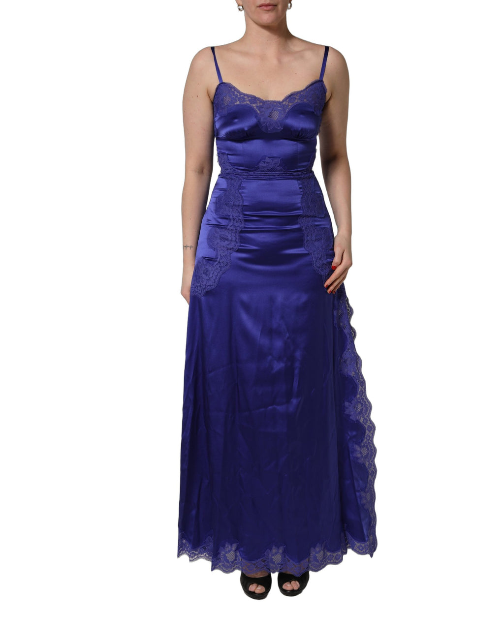 Blue Sleeveless Lace Trim A-line Gown Dress