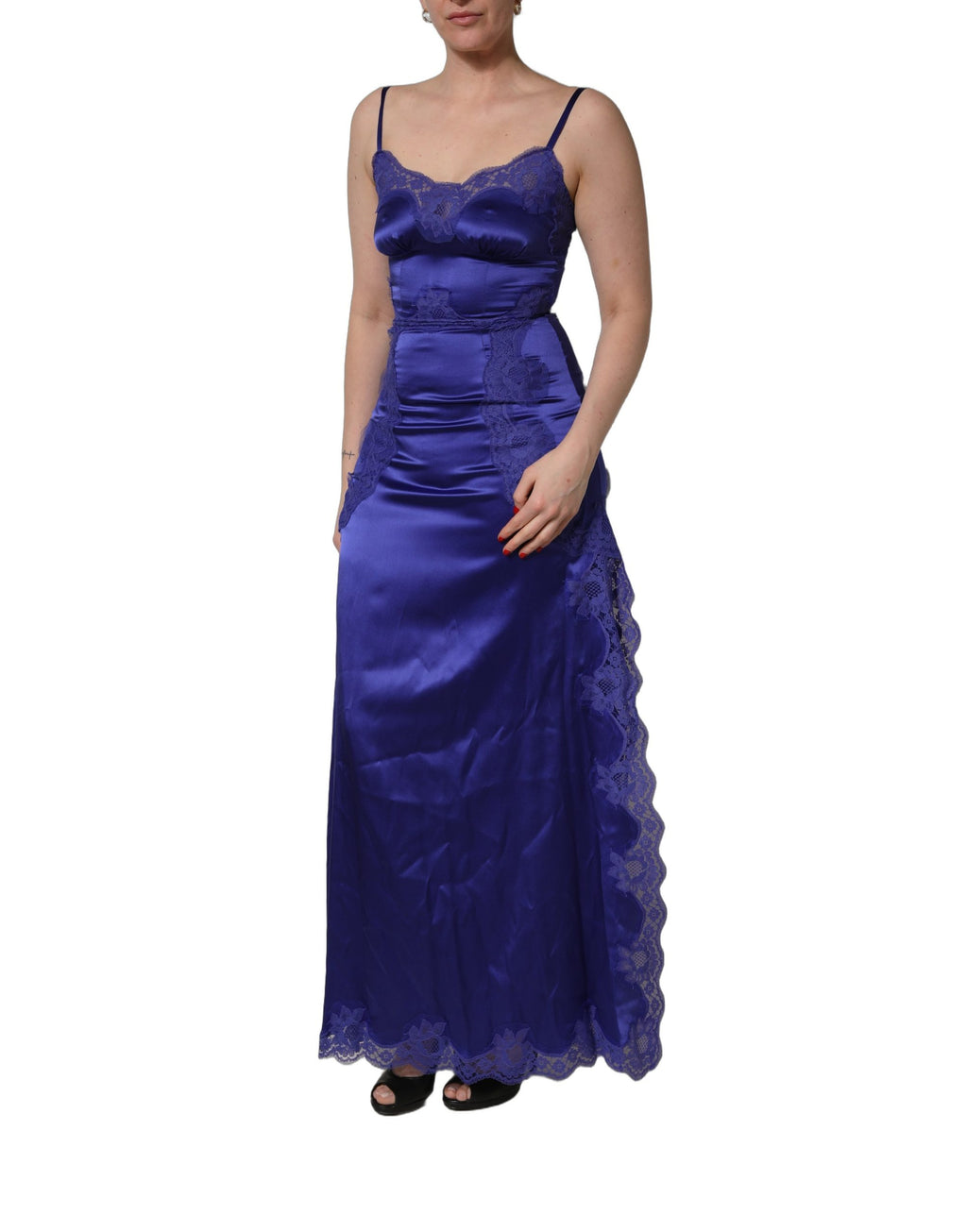 Blue Sleeveless Lace Trim A-line Gown Dress