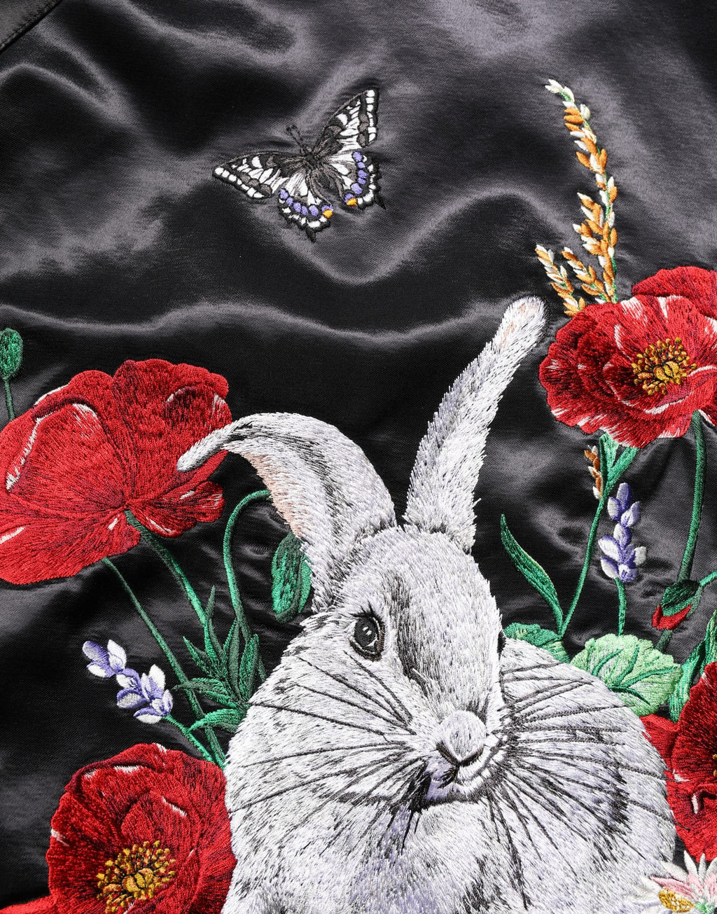 Black Satin Floral Embroidery Bomber Jacket