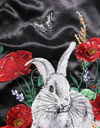 Black Satin Floral Embroidery Bomber Jacket