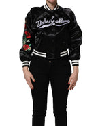 Black Satin Floral Embroidery Bomber Jacket