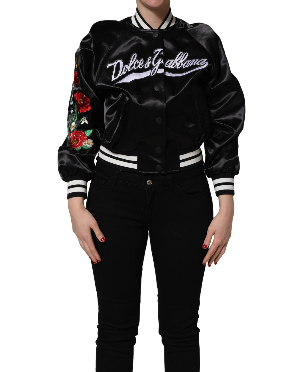 Black Satin Floral Embroidery Bomber Jacket