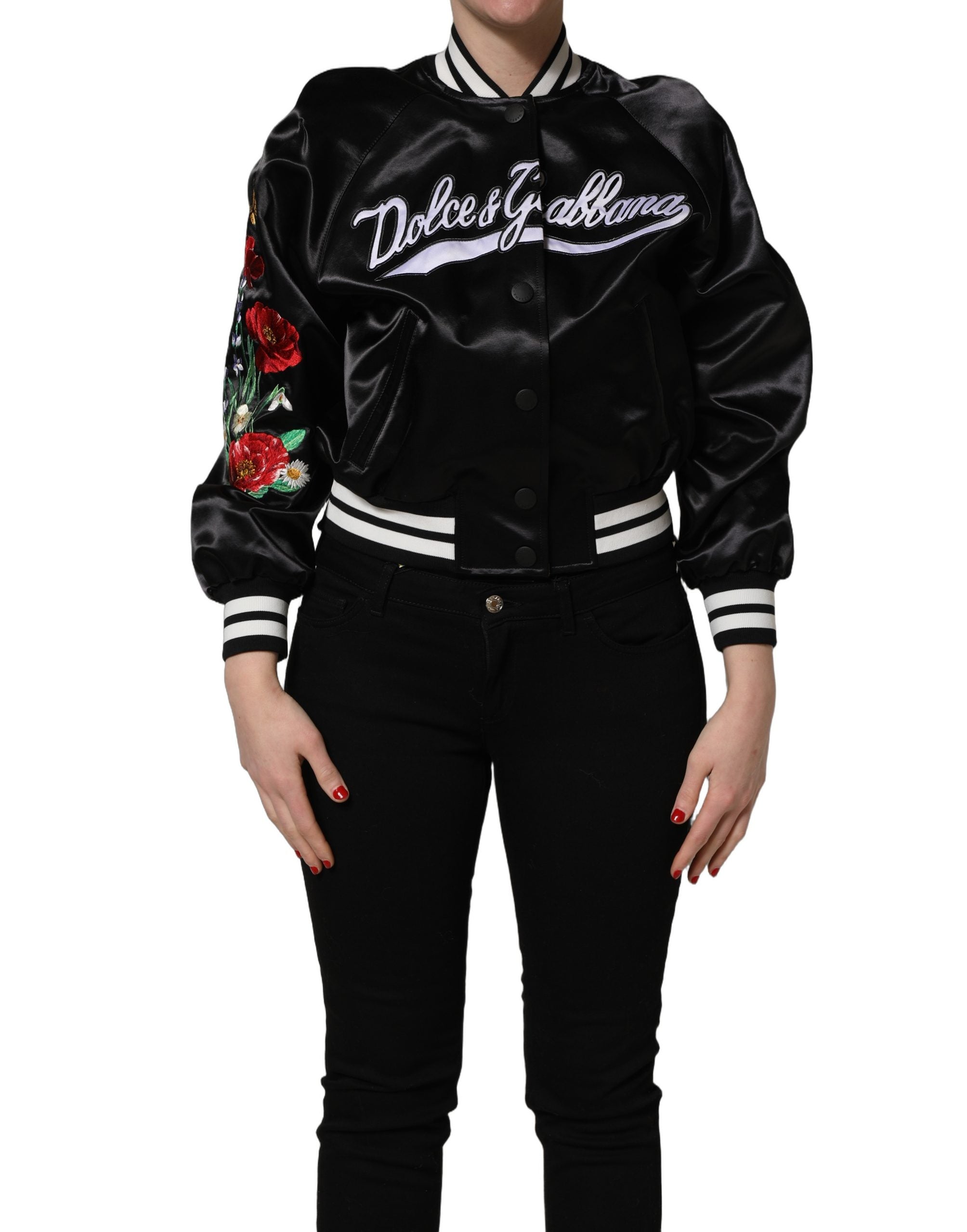 Black Satin Floral Embroidery Bomber Jacket