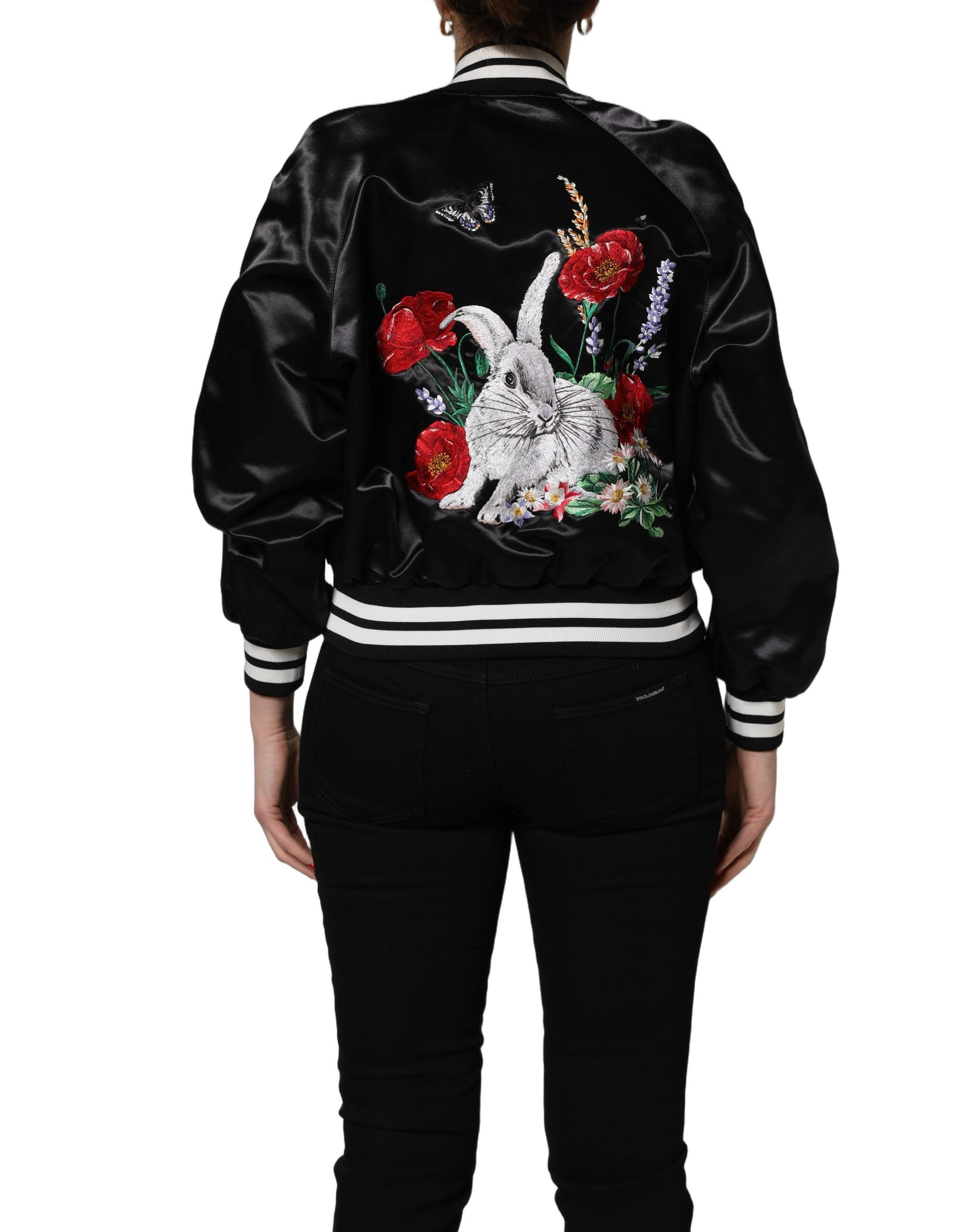 Black Satin Floral Embroidery Bomber Jacket