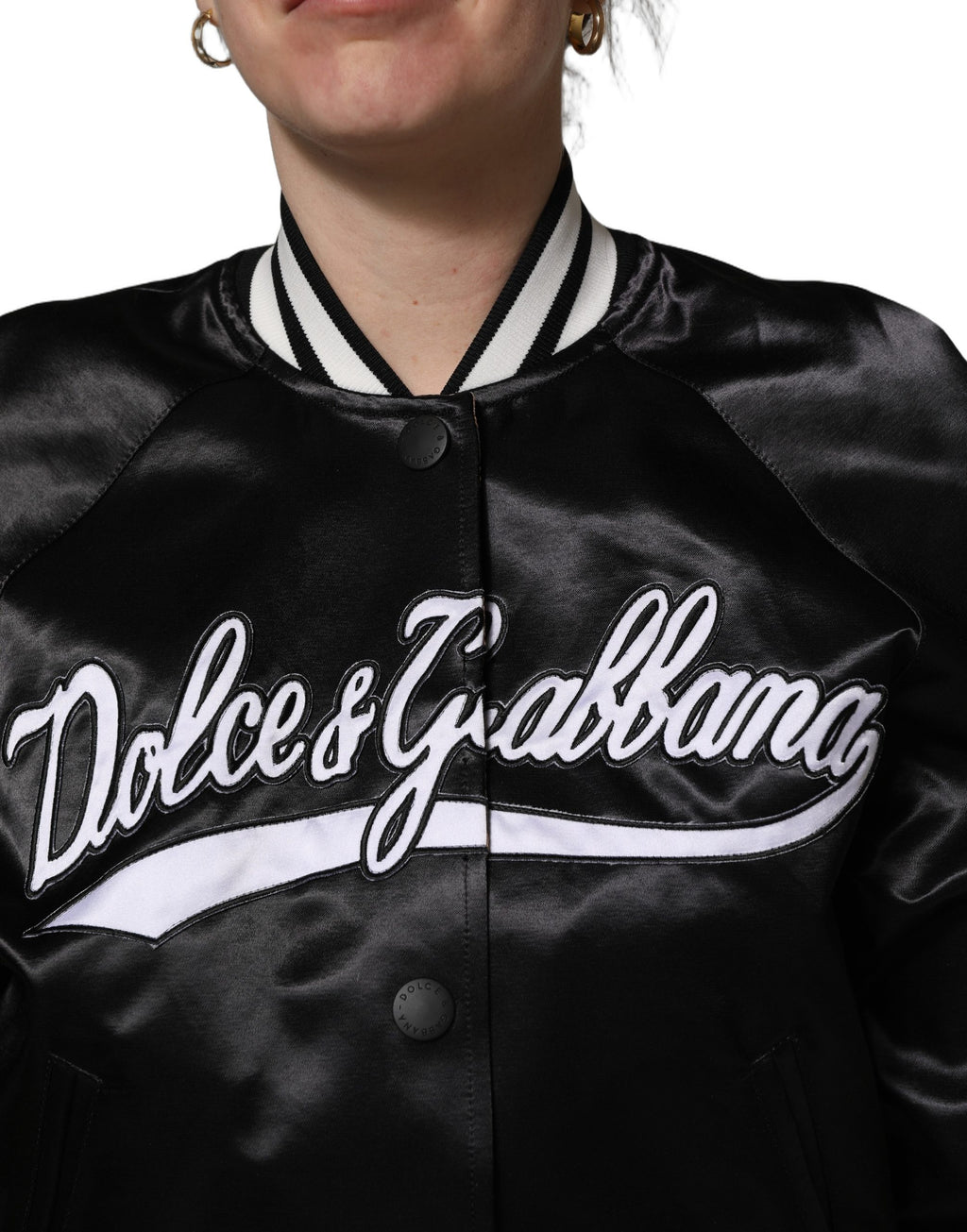 Black Satin Floral Embroidery Bomber Jacket