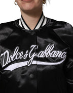 Black Satin Floral Embroidery Bomber Jacket