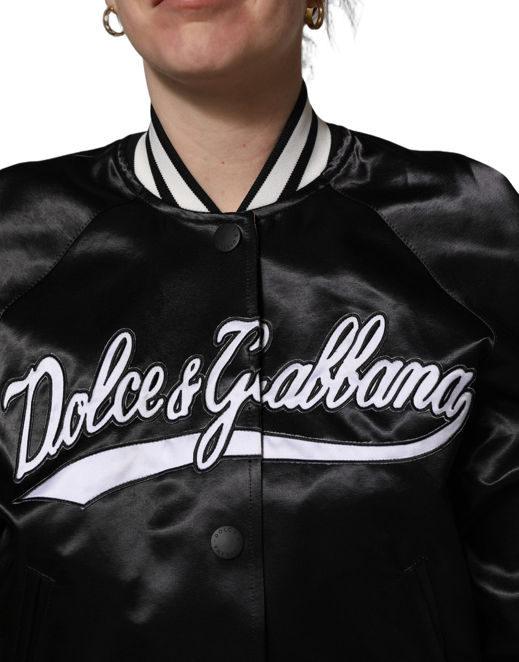 Black Satin Floral Embroidery Bomber Jacket