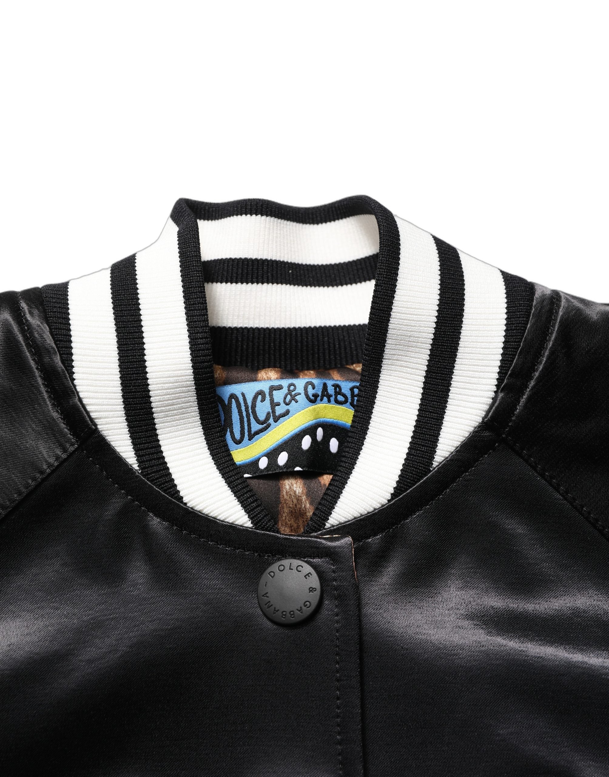 Black Satin Floral Embroidery Bomber Jacket