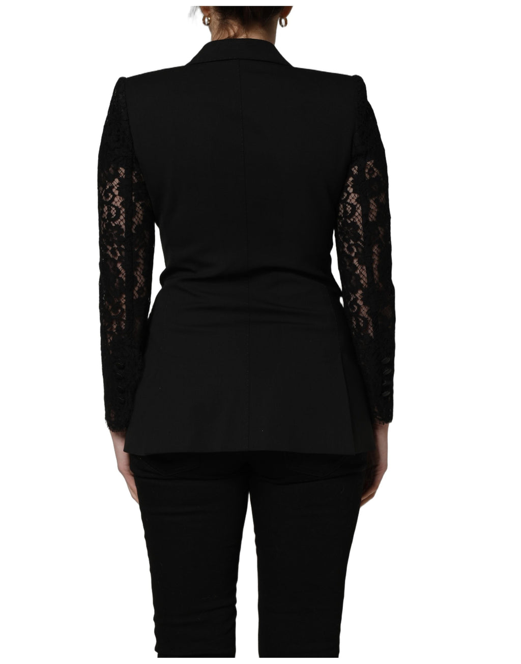 Black Wool DoubleBreasted Lace Sleeve Jacket