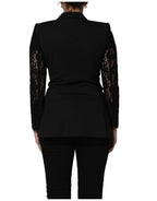 Black Wool DoubleBreasted Lace Sleeve Jacket