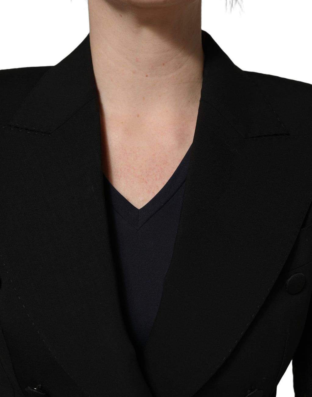 Black Wool DoubleBreasted Lace Sleeve Jacket