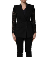 Black Wool DoubleBreasted Lace Sleeve Jacket