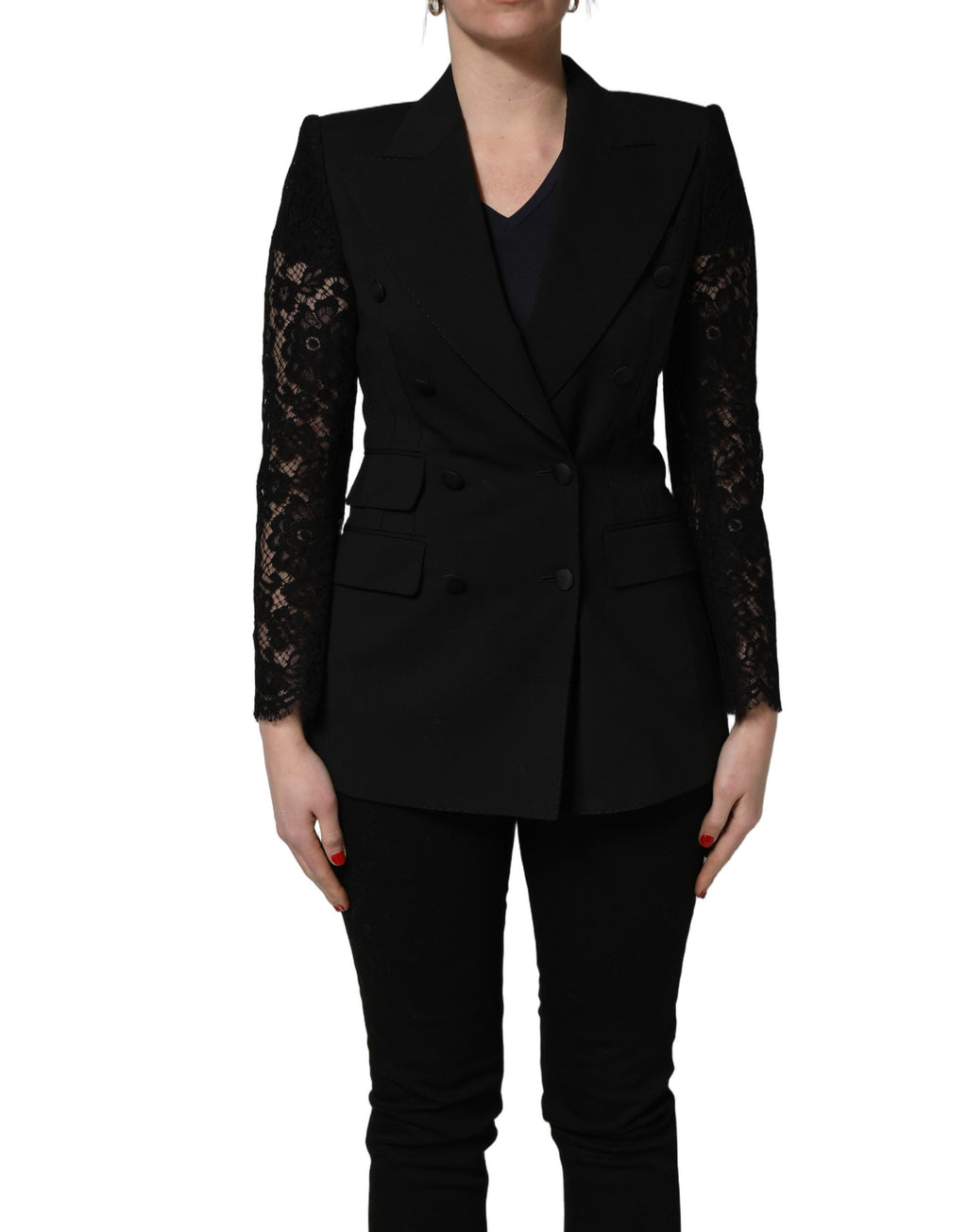 Black Wool DoubleBreasted Lace Sleeve Jacket