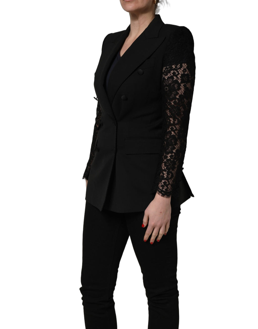 Black Wool DoubleBreasted Lace Sleeve Jacket