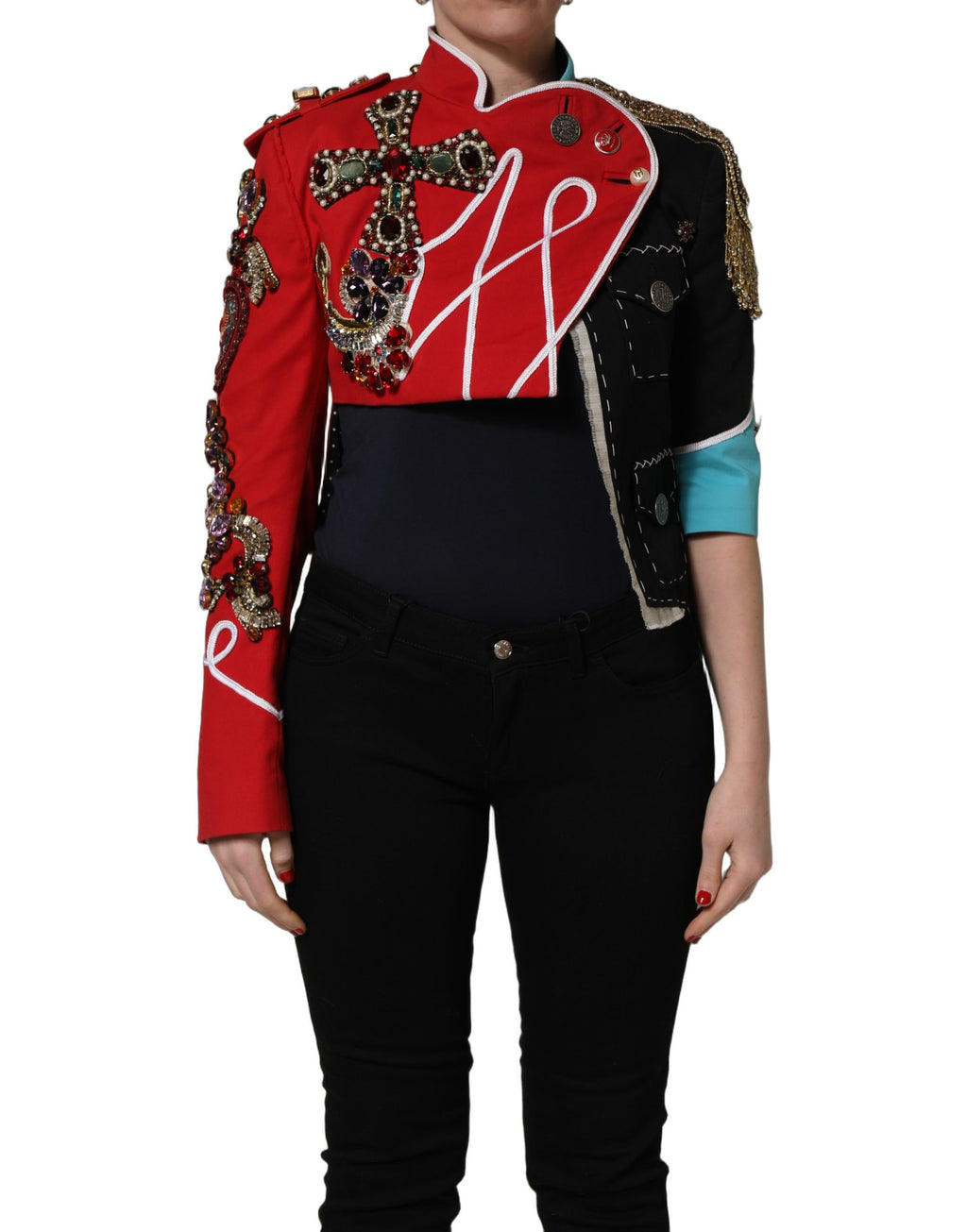 Multicolor Asymmetrical Ornate Jewel Cropped Jacket