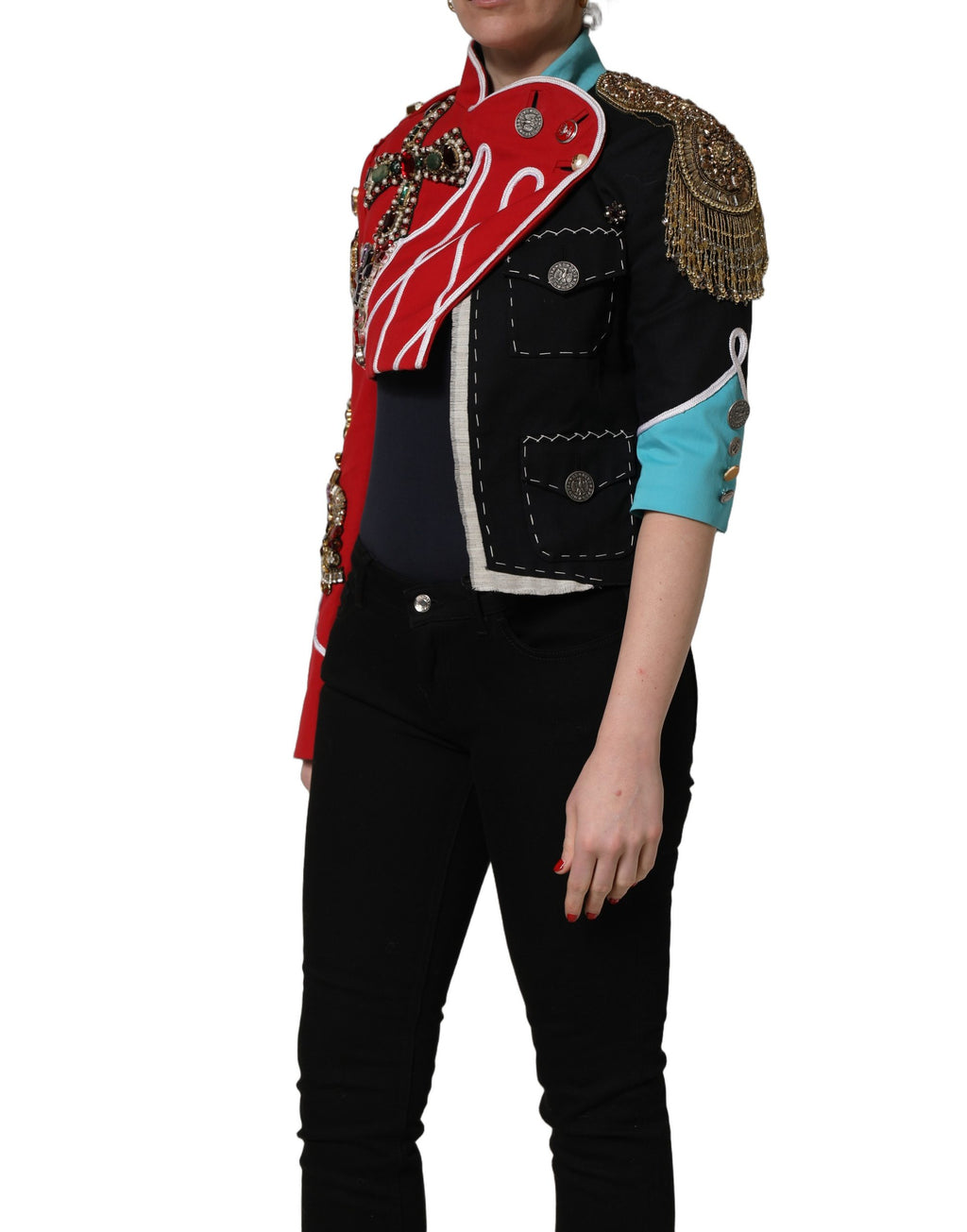 Multicolor Asymmetrical Ornate Jewel Cropped Jacket