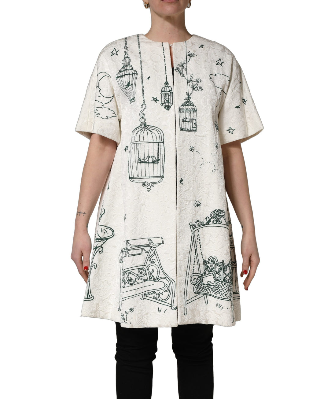 White Jacquard Garden Print Coat Jacket