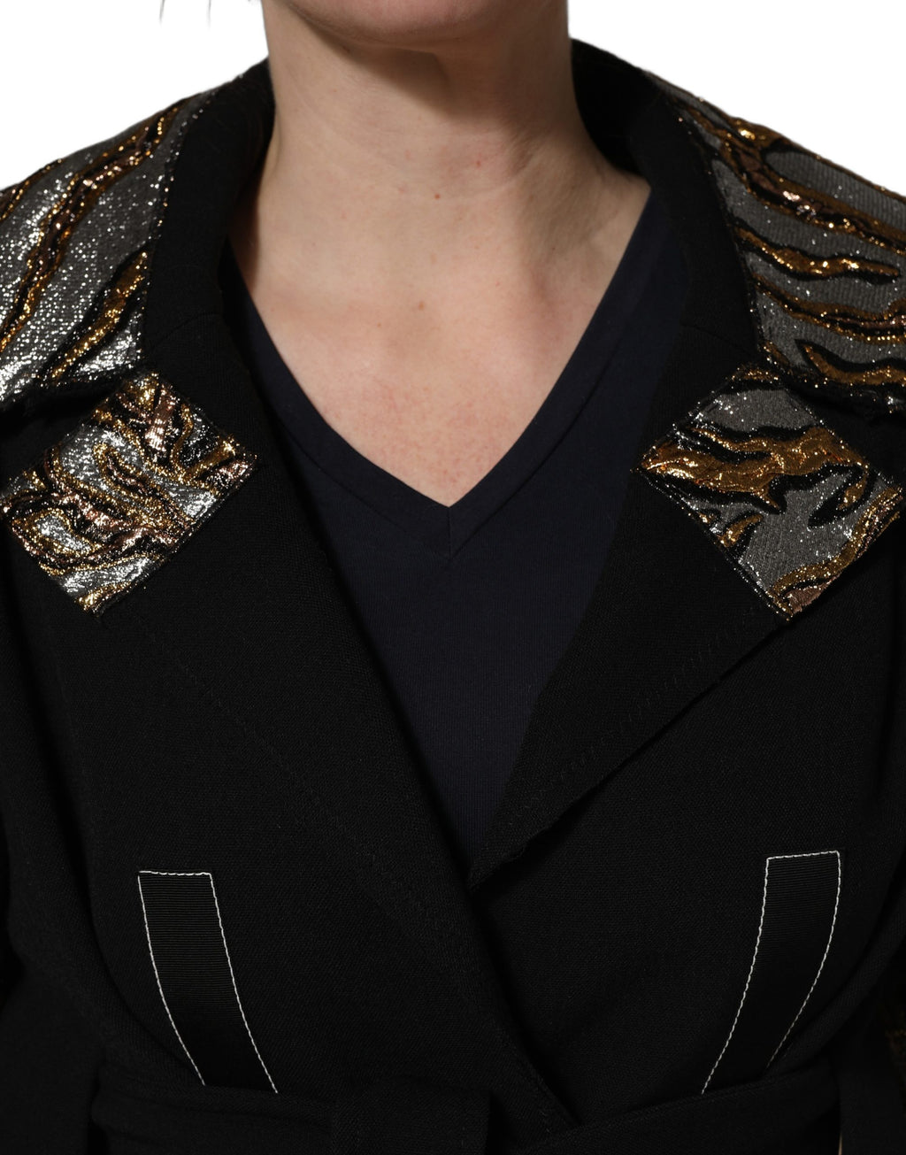Black Single-Breasted Brocade Coat Jacket