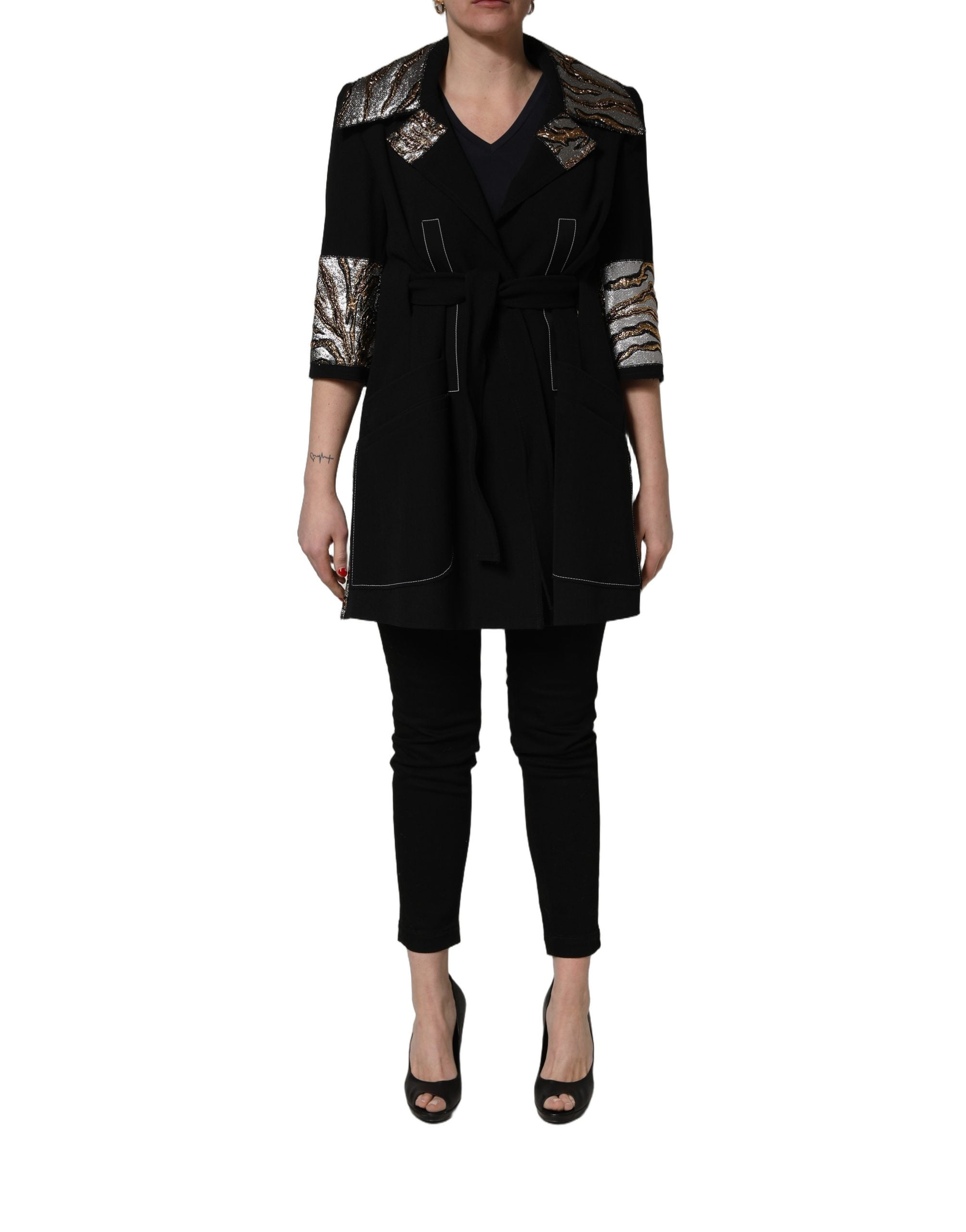 Black Single-Breasted Brocade Coat Jacket