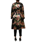 Black Floral Belted Polyester Trench Coat Jacket