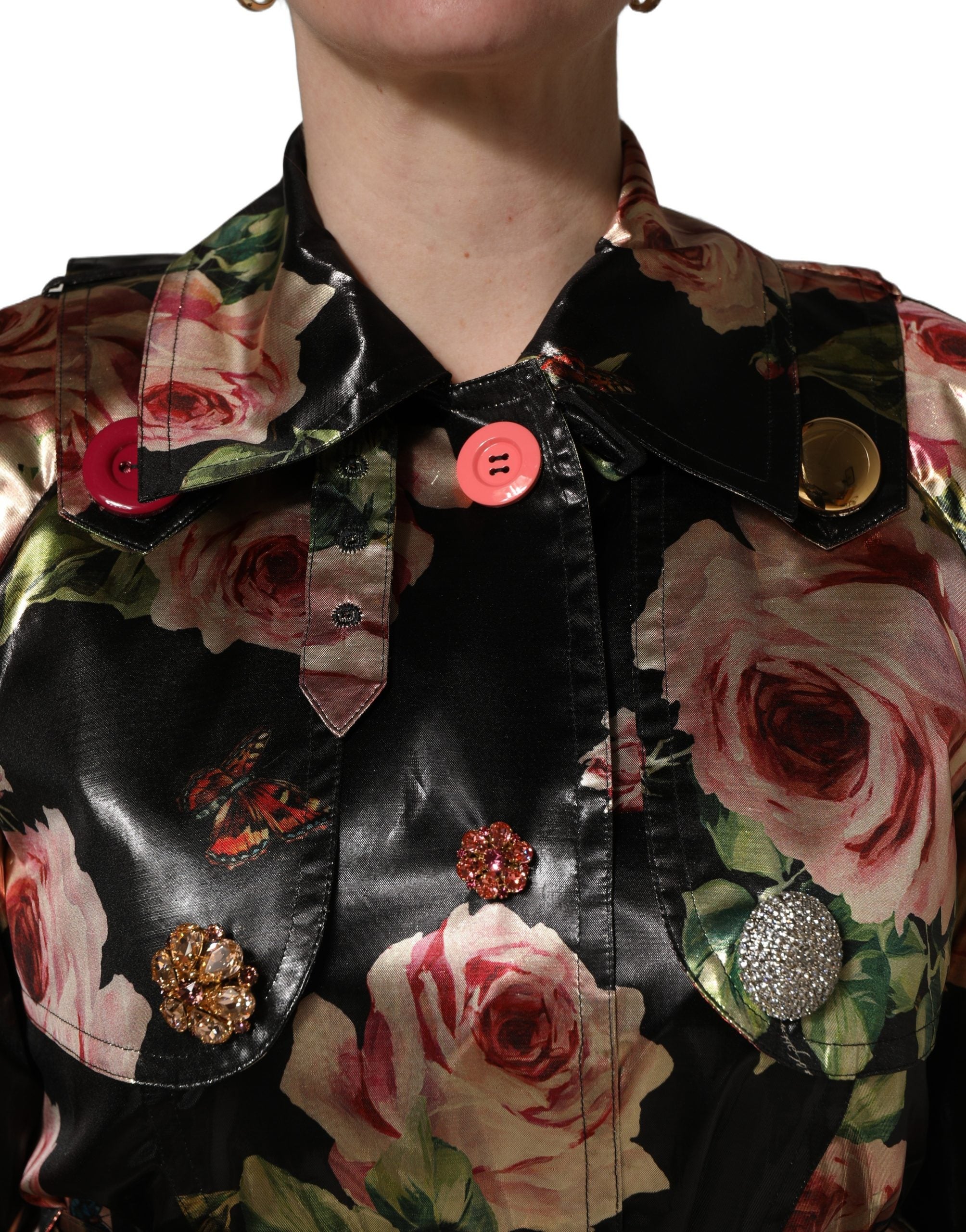 Black Floral Belted Polyester Trench Coat Jacket