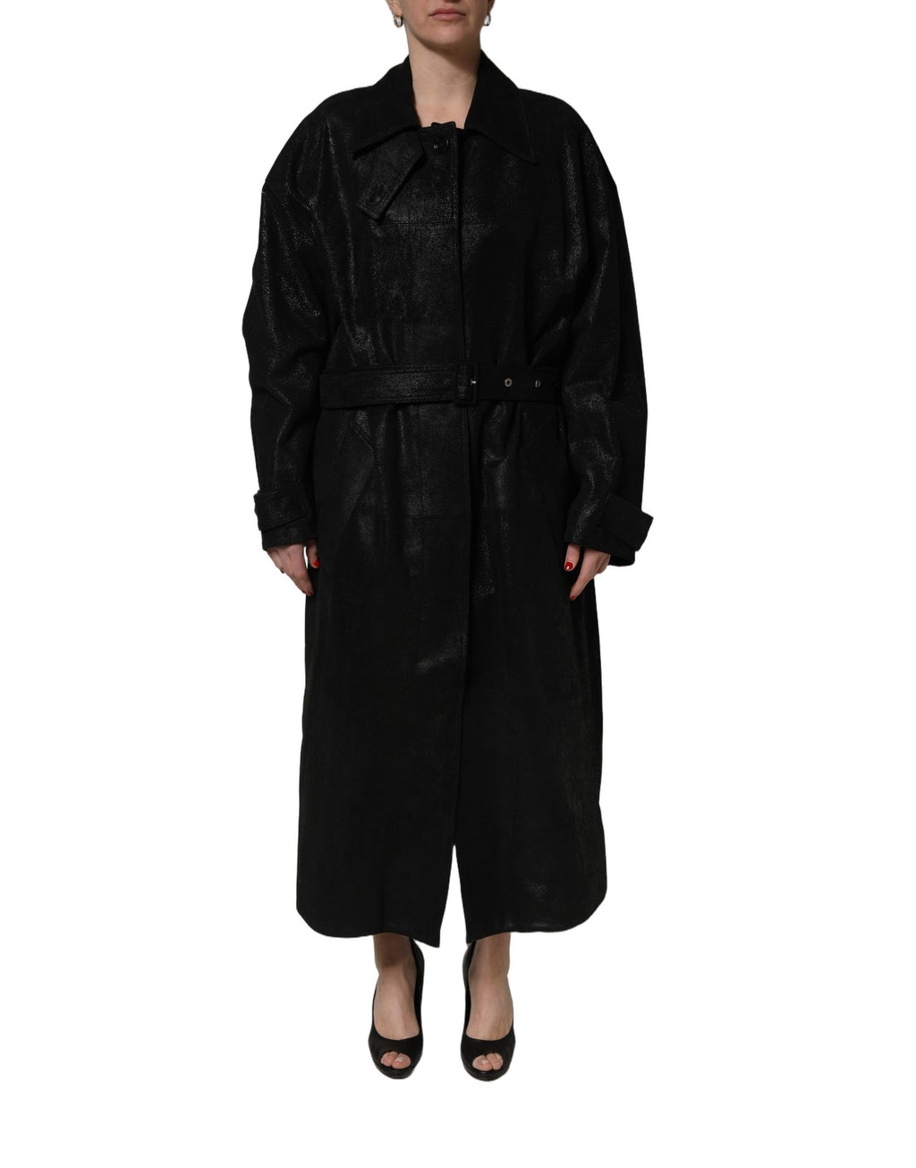 Black Belted Sheepskin Trench Coat Jacket