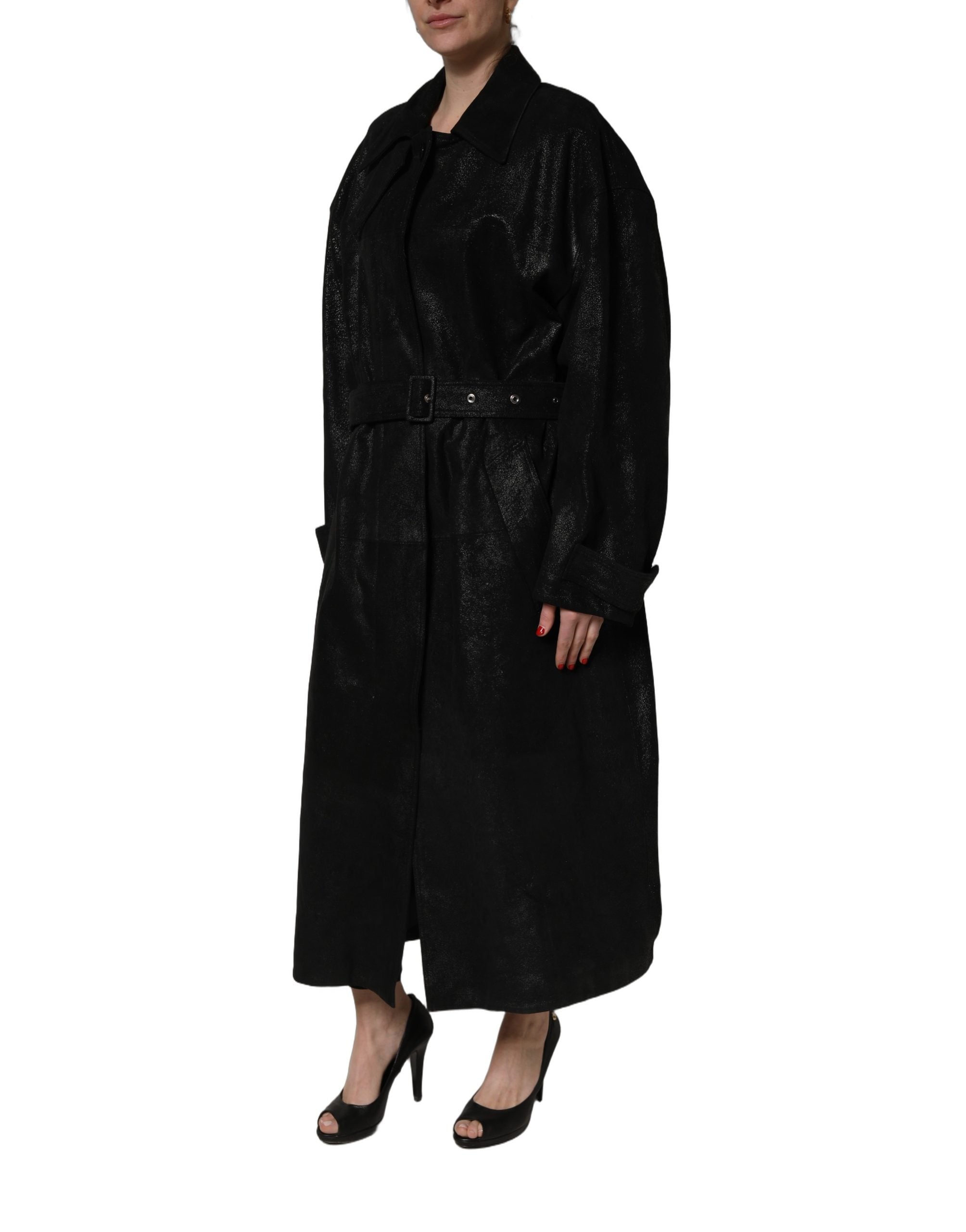 Black Belted Sheepskin Trench Coat Jacket
