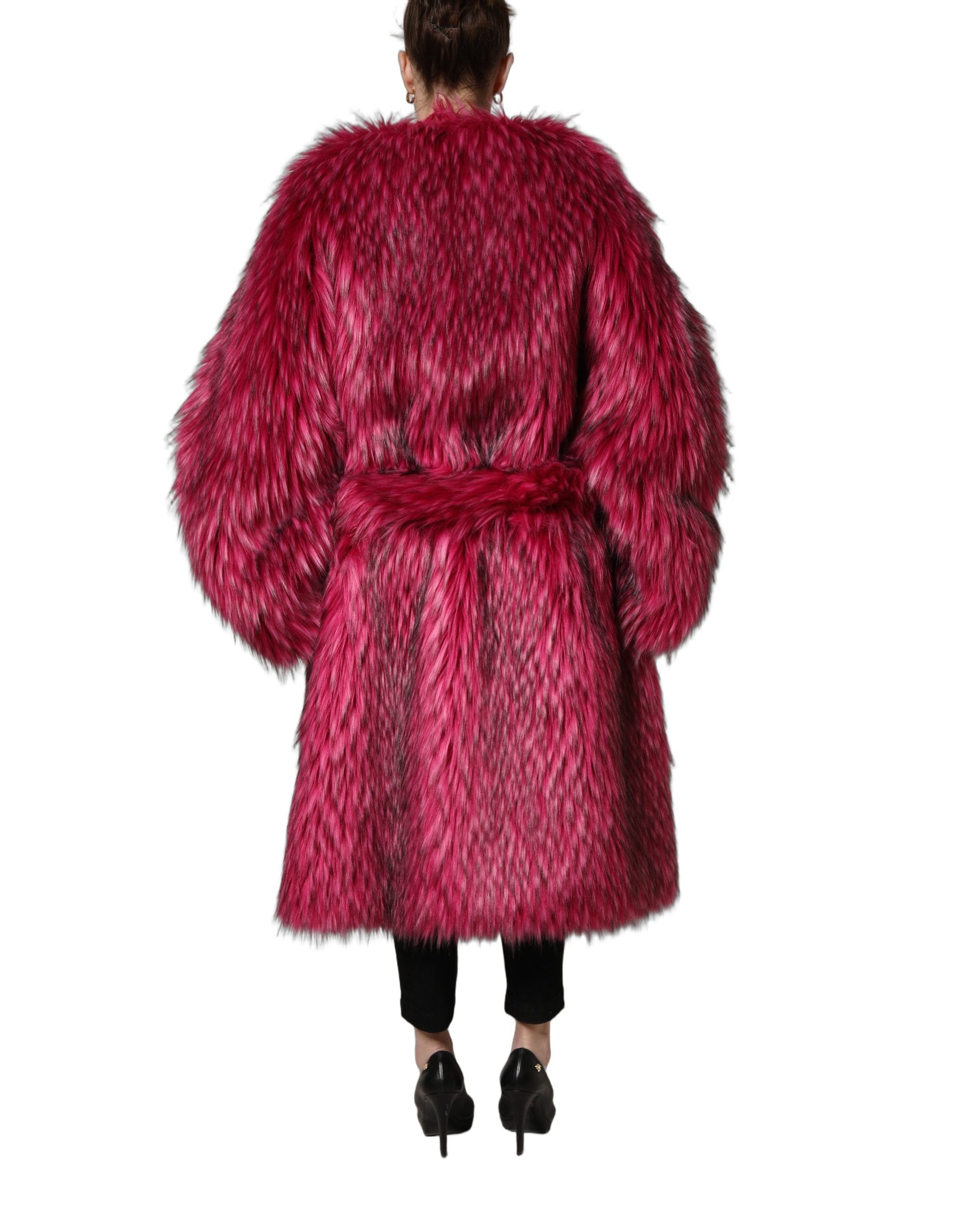 Fuchsia Belted Faux-Fur Trench Coat Jacket