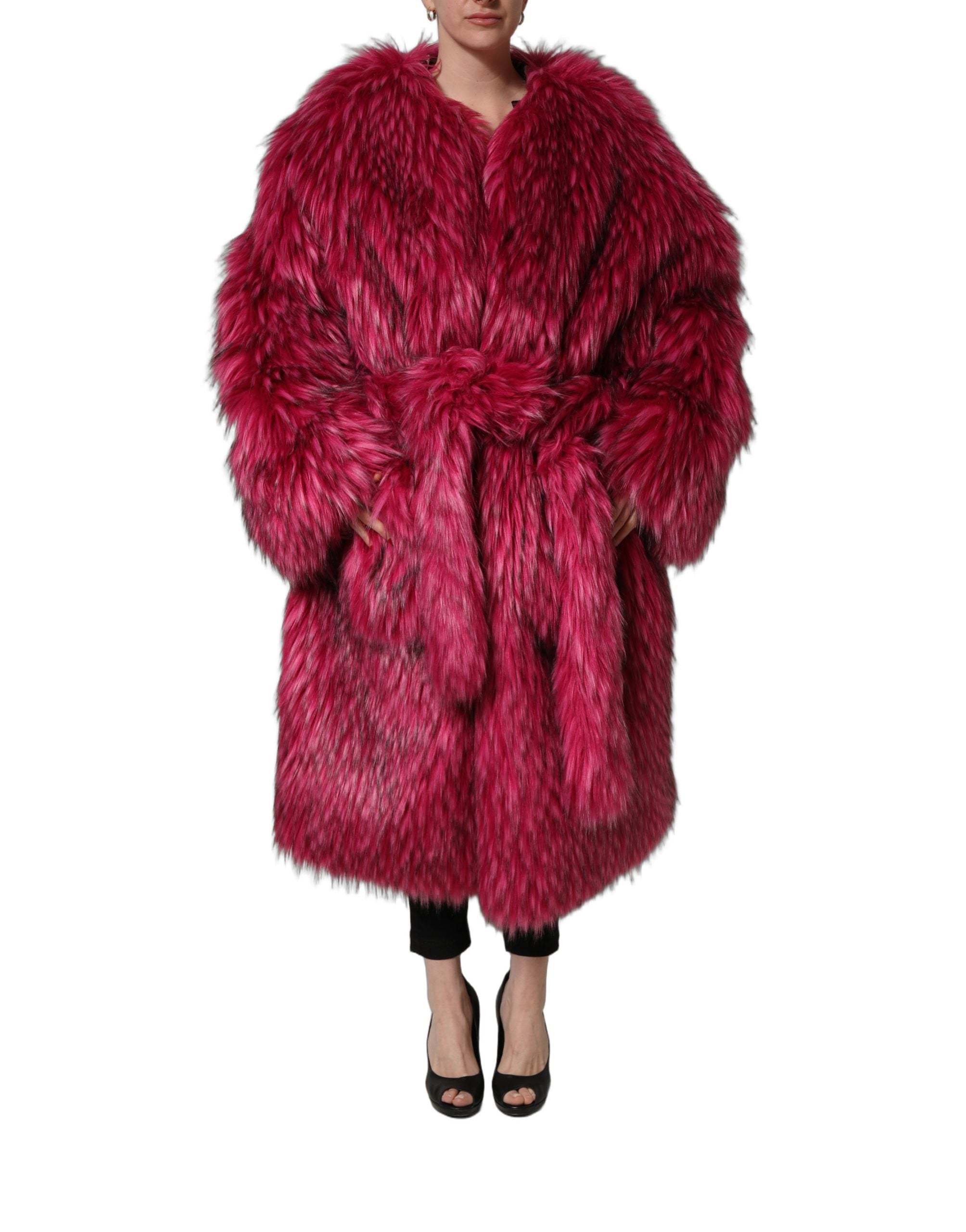 Fuchsia Belted Faux-Fur Trench Coat Jacket
