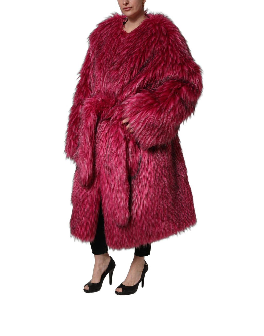 Fuchsia Belted Faux-Fur Trench Coat Jacket