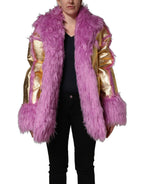 Pink Plush Faux Fur Gold Leather Coat Jacket