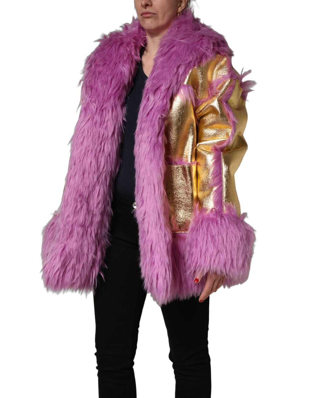 Pink Plush Faux Fur Gold Leather Coat Jacket