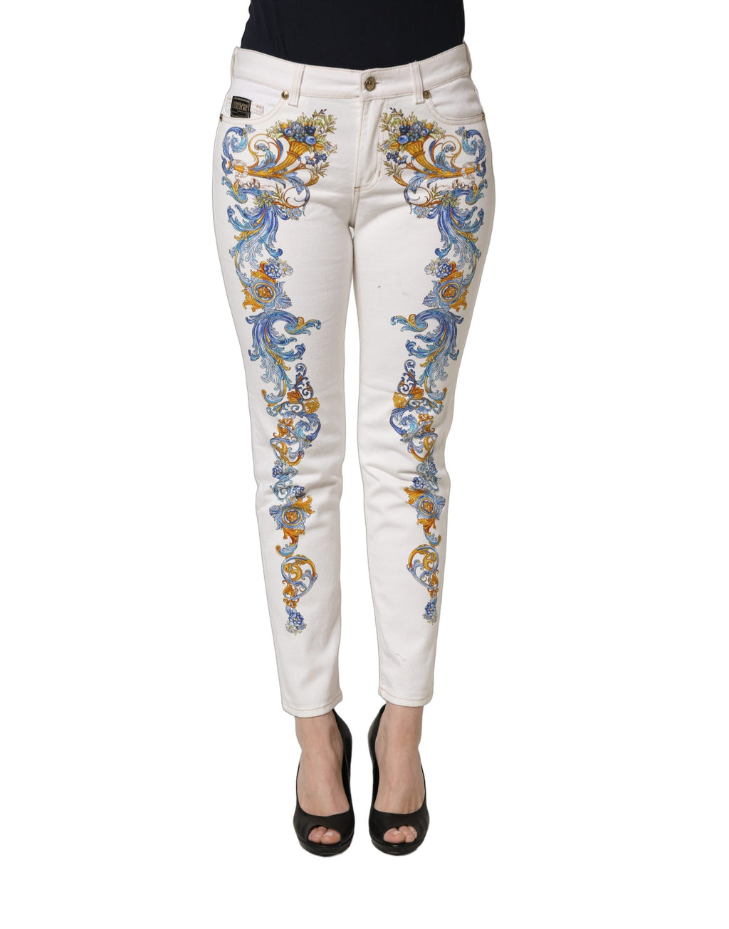 White Floral Print Skinny Denim Jeans