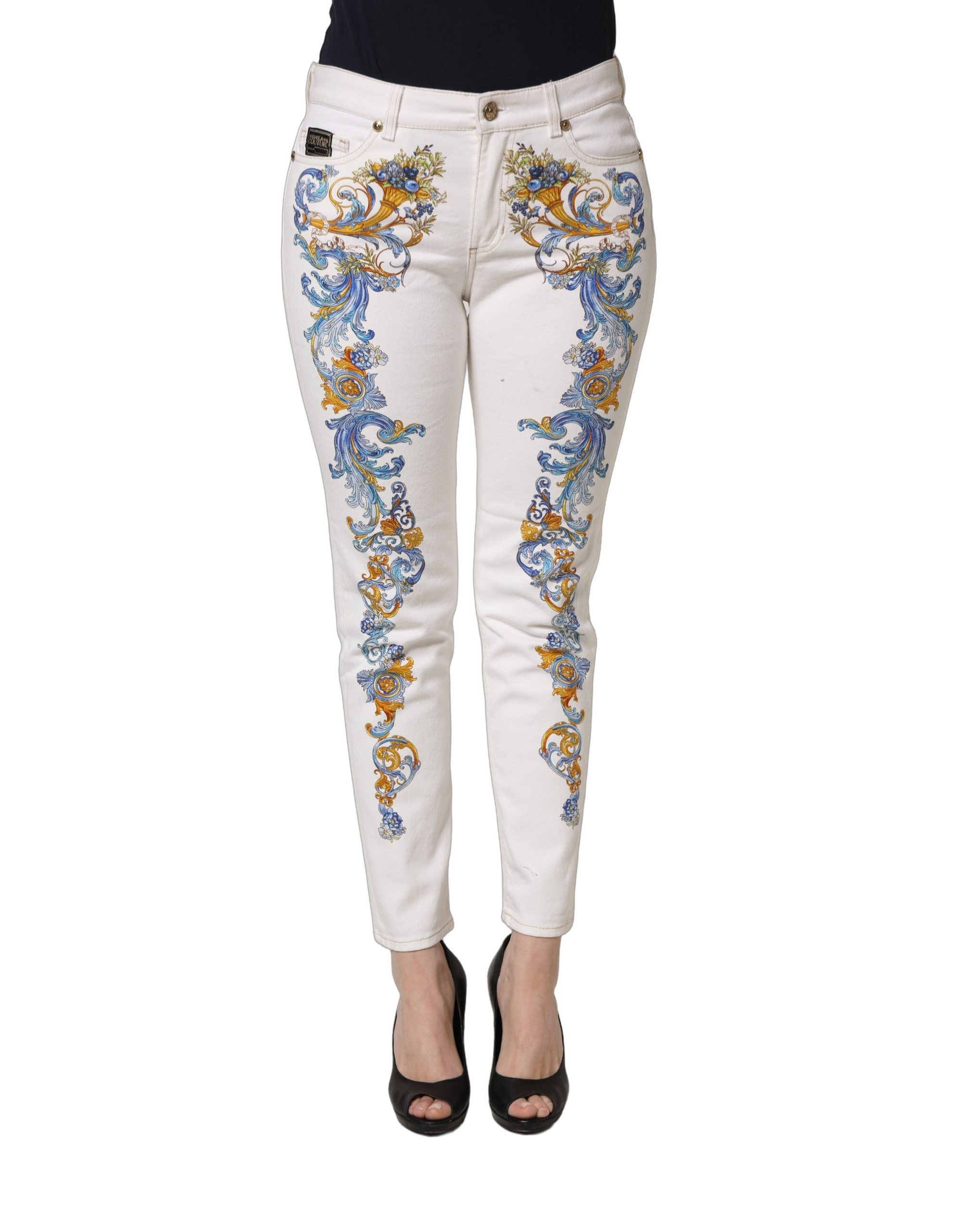White Floral Print Skinny Denim Jeans