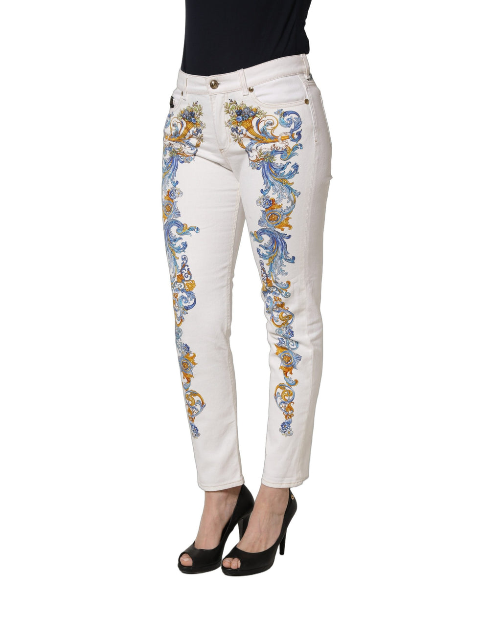White Floral Print Skinny Denim Jeans