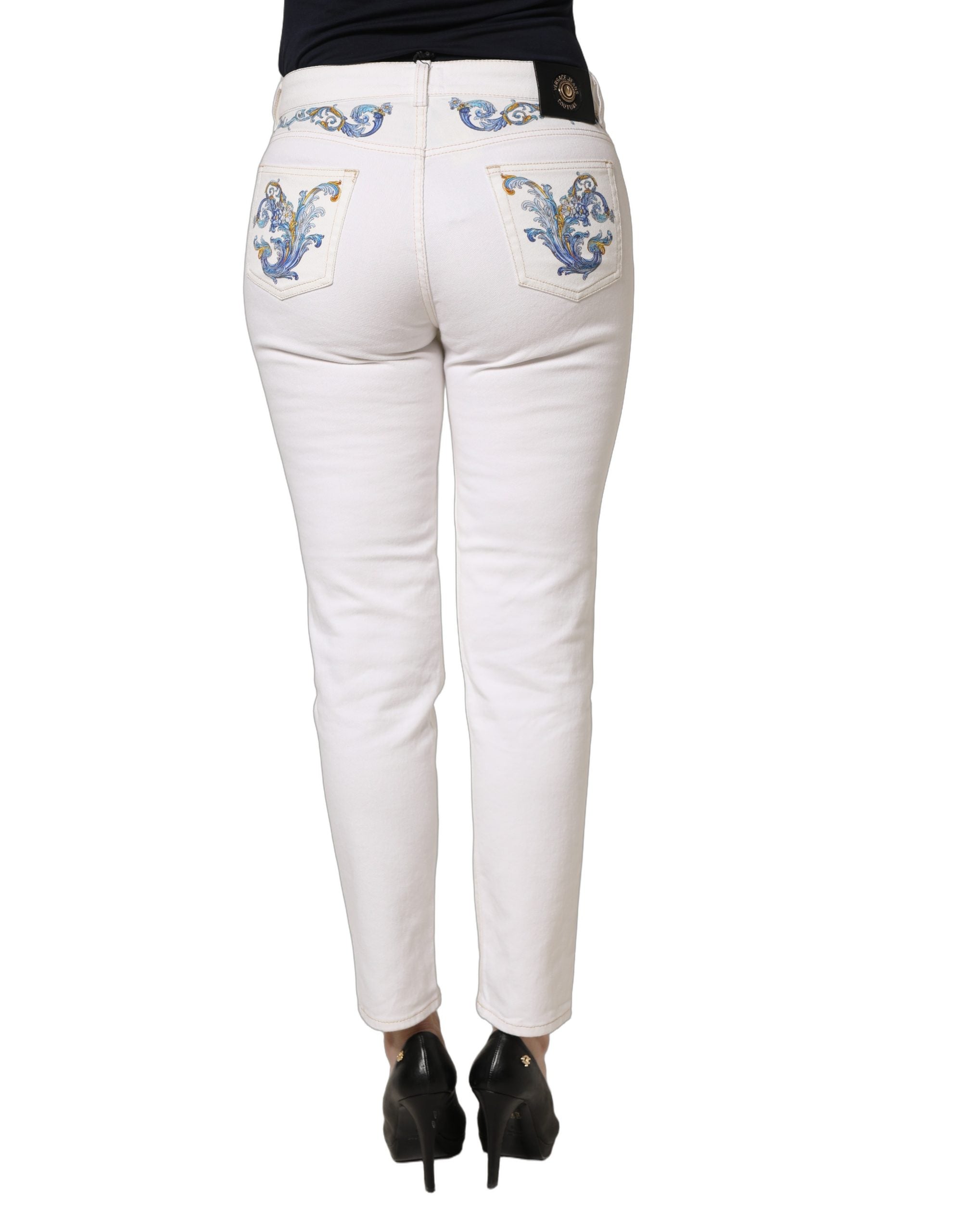 White Floral Print Skinny Denim Jeans