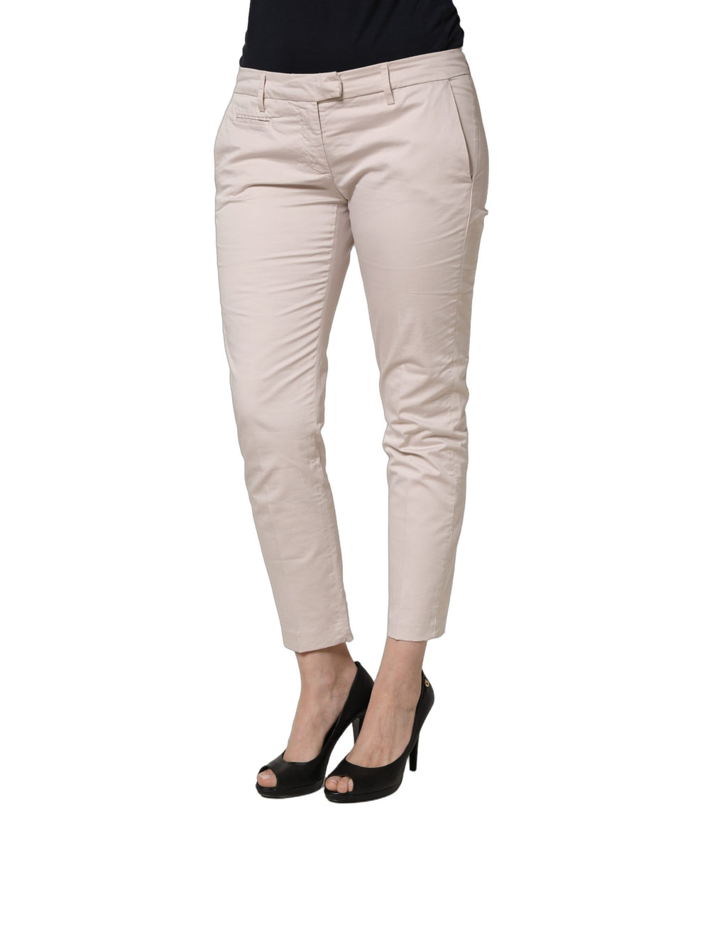 Beige Low Waist Tapered Women Cropped Trousers Pants