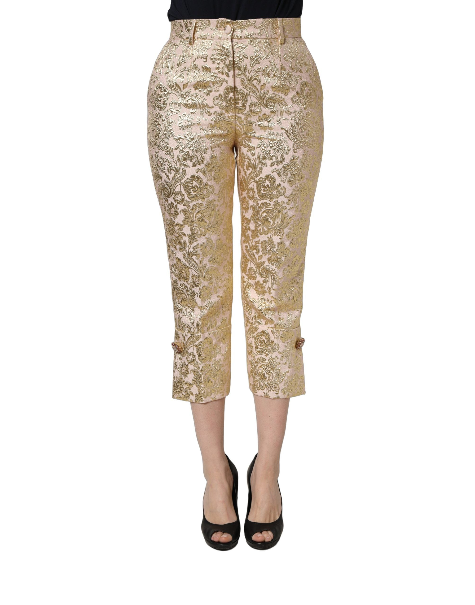 Gold Jacquard Floral Lamé Crop Trouser Pants