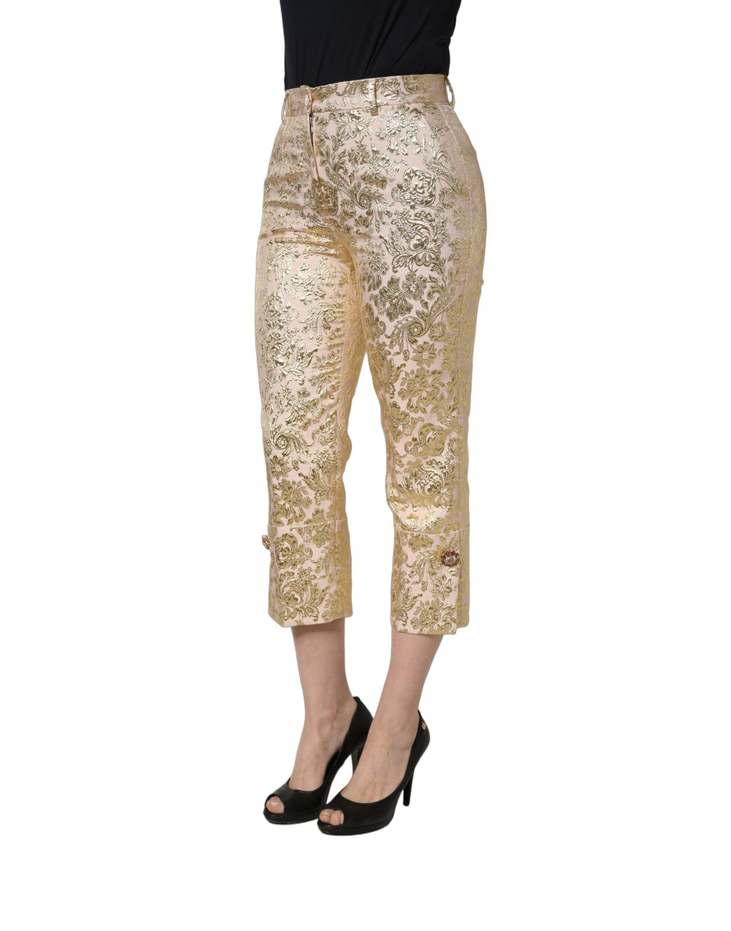 Gold Jacquard Floral Lamé Crop Trouser Pants