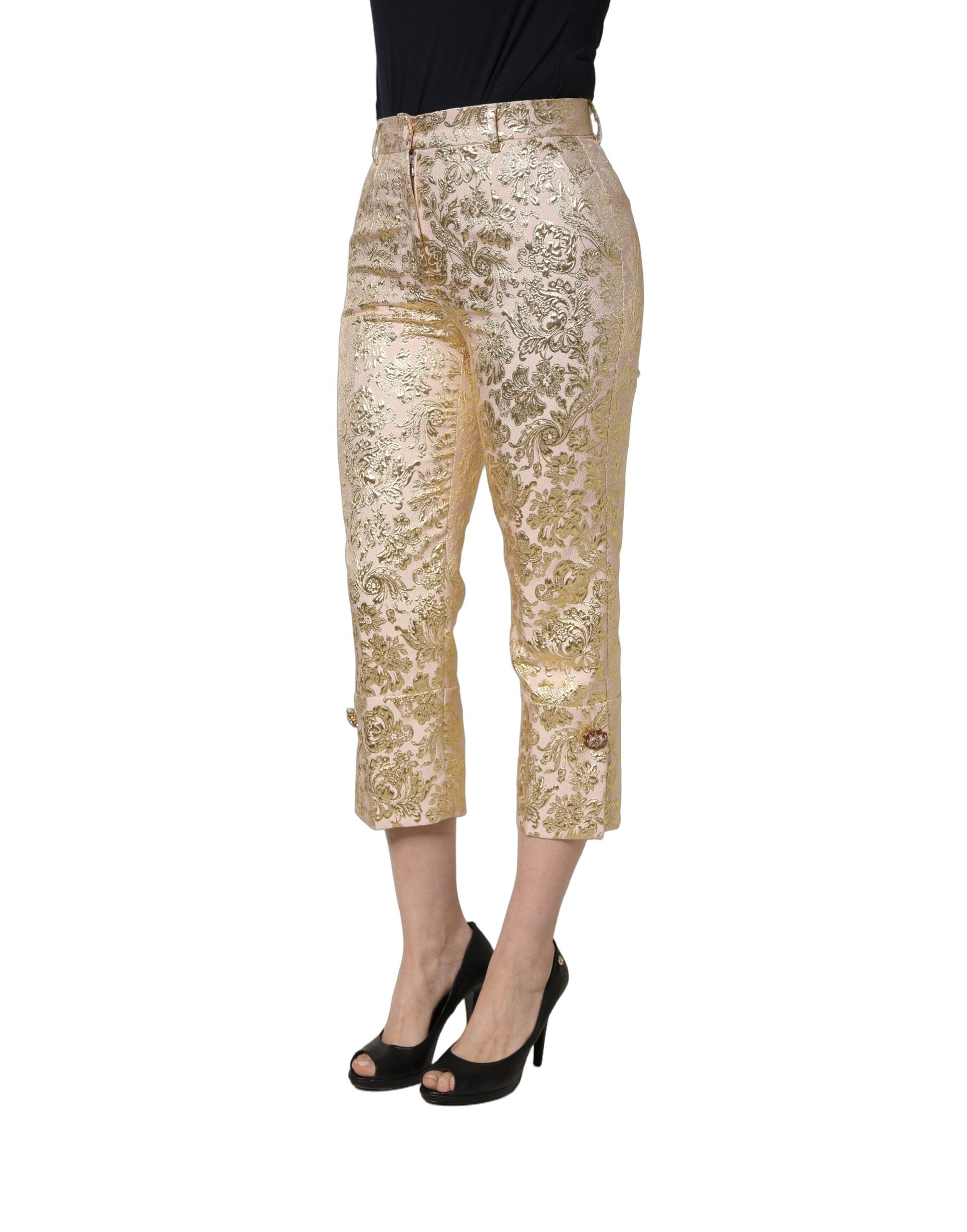 Gold Jacquard Floral Lamé Crop Trouser Pants