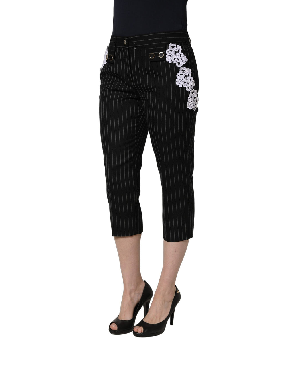 Black Lace Applique Pinstripe Cropped Pants