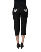 Black Lace Applique Pinstripe Cropped Pants