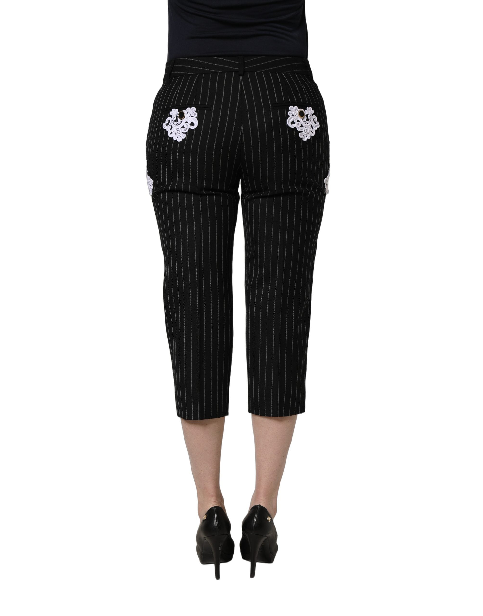 Black Lace Applique Pinstripe Cropped Pants