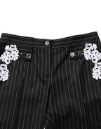 Black Lace Applique Pinstripe Cropped Pants
