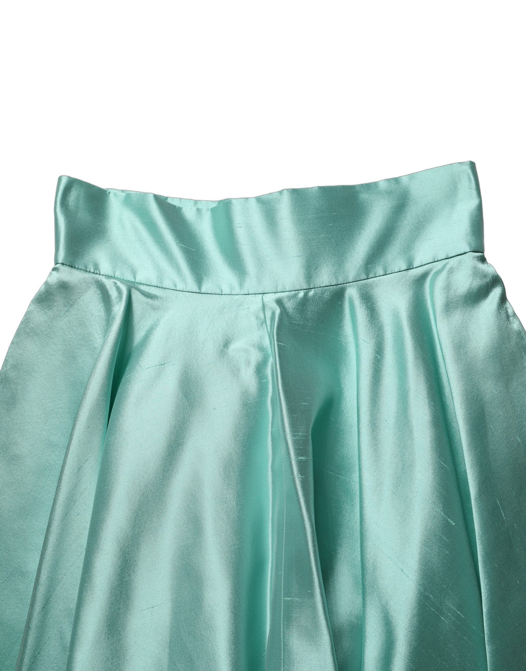 Green Satin High-Waisted Pleated A-line Midi Skirt