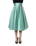 Green Satin High-Waisted Pleated A-line Midi Skirt
