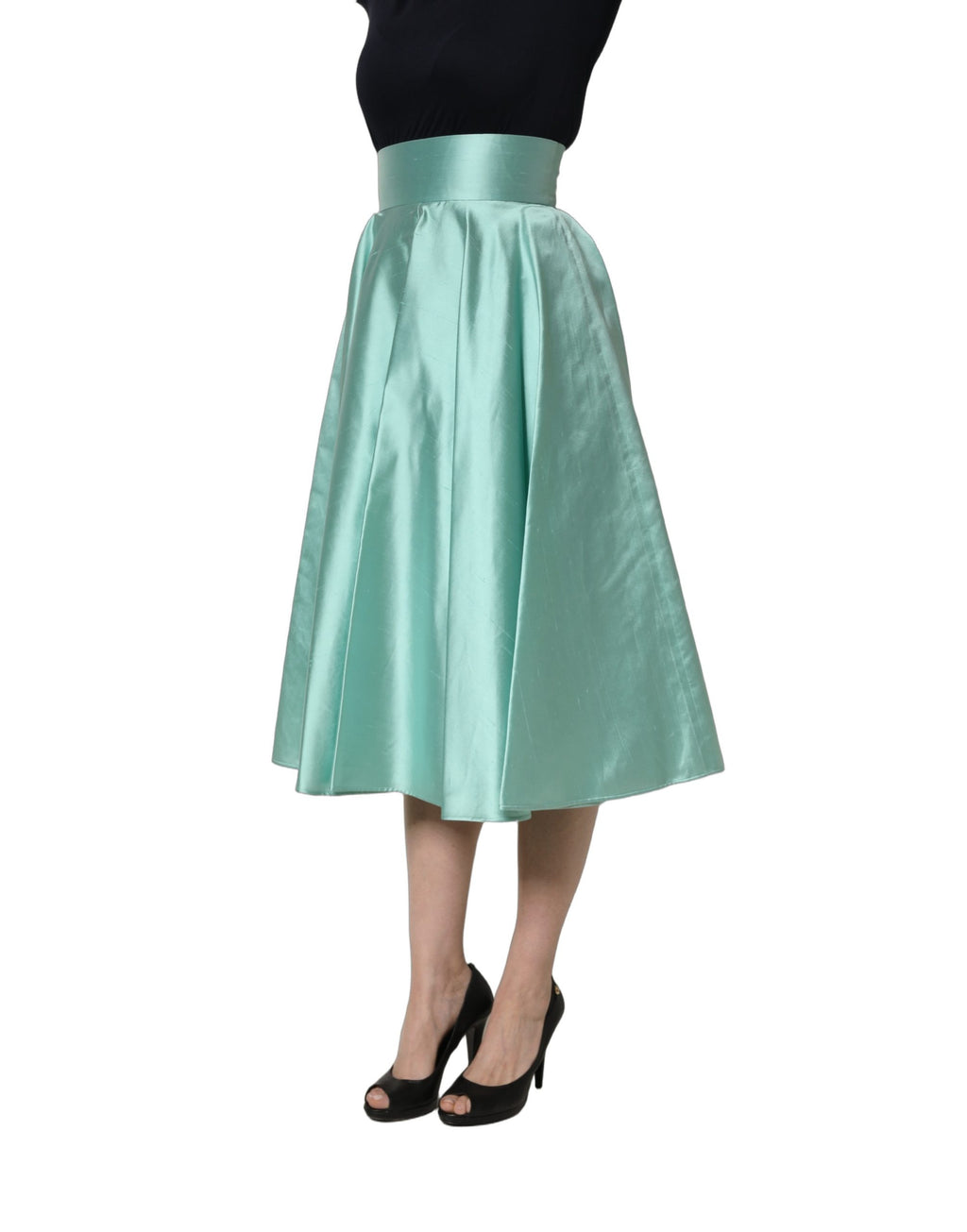 Green Satin High-Waisted Pleated A-line Midi Skirt